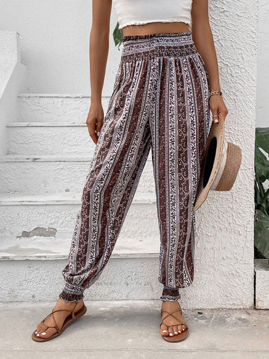 Summer Pants- Women's High Smocked Waist Pencil Pants- Brown- Chuzko Women Clothing