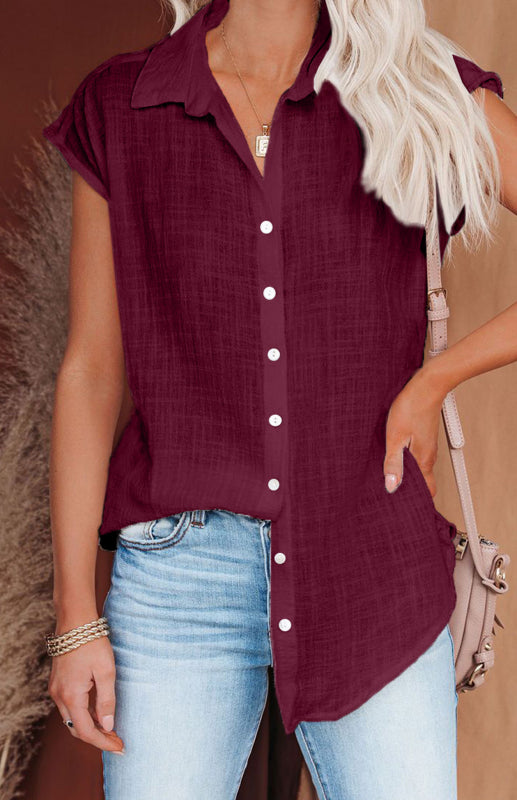 Summer Shirts- Lightweight Textured Cotton Blend Short Sleeve Shirt- Chuzko Women Clothing