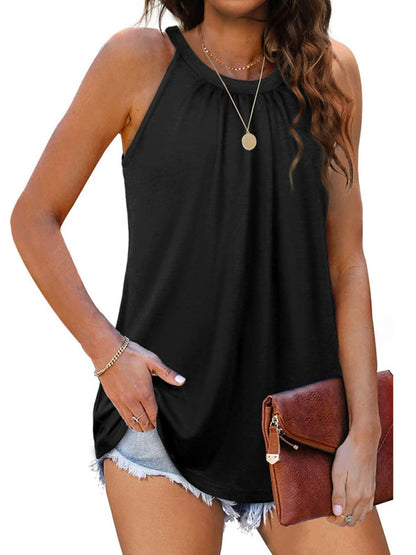 Summer Tops- Solid Flowy Sleeveless Halter Tank Top in Solid Cotton- Chuzko Women Clothing