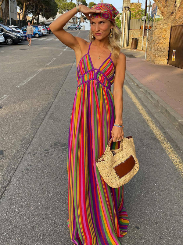 Sundresses- Summer Boho Strappy Back Cami Maxi Dress in Rainbow Stripes- Chuzko Women Clothing