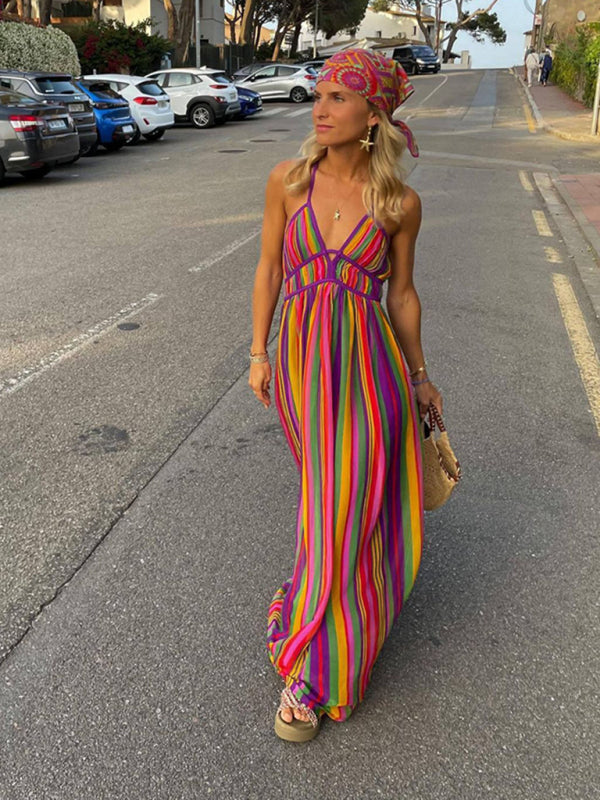 Sundresses- Summer Boho Strappy Back Cami Maxi Dress in Rainbow Stripes- Chuzko Women Clothing