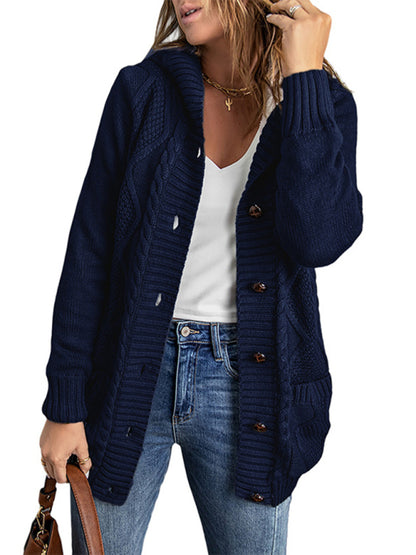 Sweater Cardigans- Cable Knit Hooded Mid-Length Jacket | Faux Fur Lined Cardigan- Chuzko Women Clothing