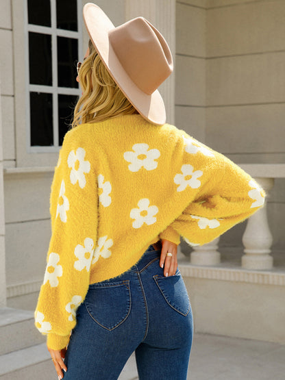 Sweater Cardigans- Spring Flower Fuzzy Knit Cardigan | Open Front Floral Sweater- Chuzko Women Clothing