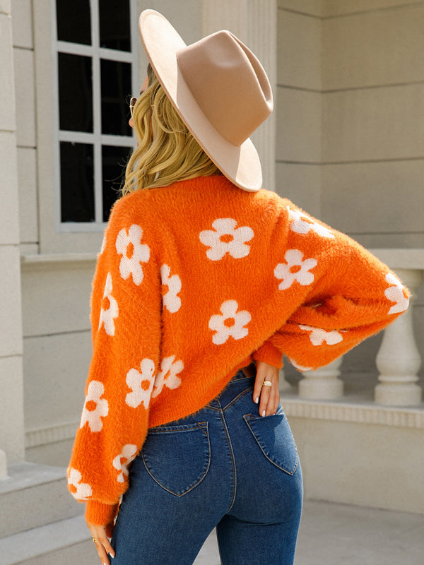 Sweater Cardigans- Spring Flower Fuzzy Knit Cardigan | Open Front Floral Sweater- Chuzko Women Clothing