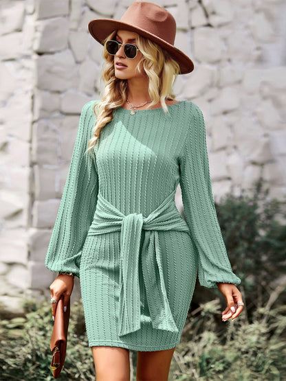 Textured Knit Knotted Waist Sweater Dress