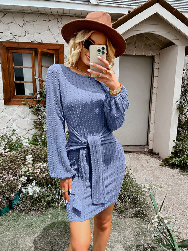 Textured Knit Knotted Waist Sweater Dress