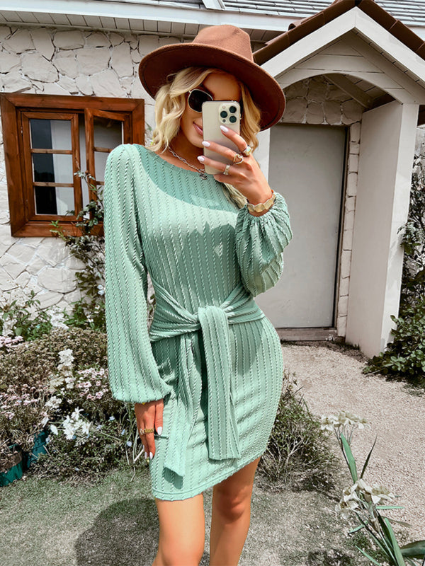 Textured Knit Knotted Waist Sweater Dress