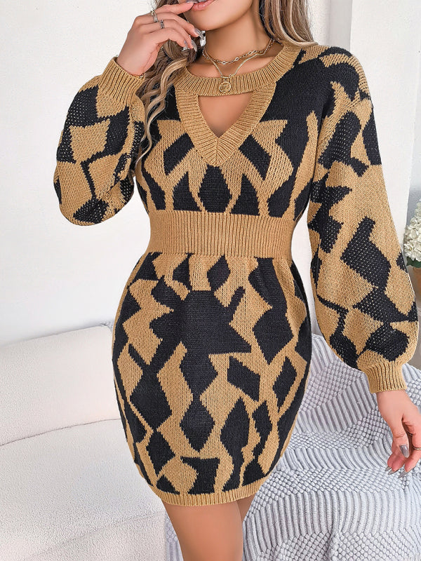 Abstract Knitted Lantern Sleeve Gathered Waist Sweater Dress Sweater Dresses - Chuzko Women Clothing