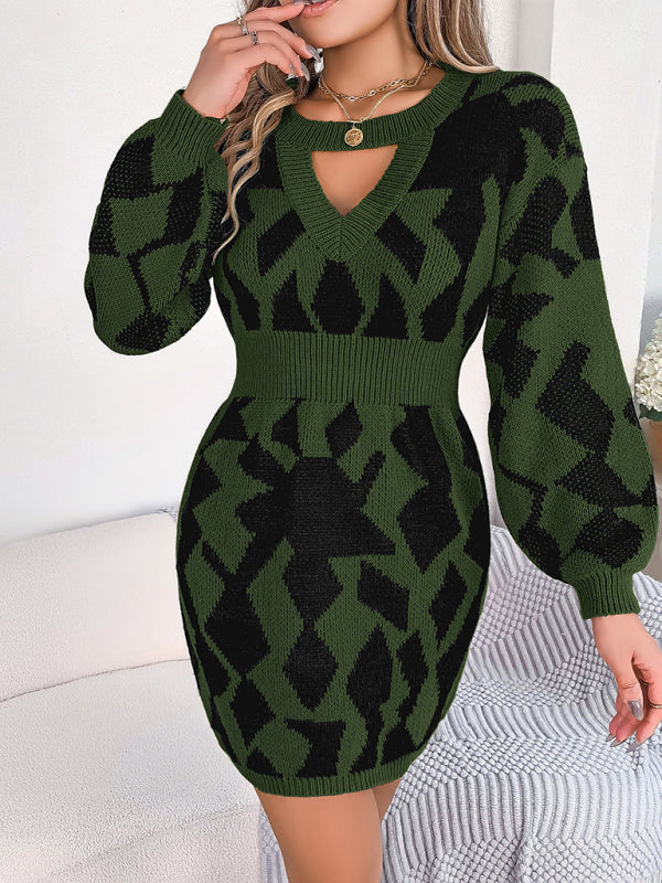 Abstract Knitted Lantern Sleeve Gathered Waist Sweater Dress Sweater Dresses - Chuzko Women Clothing