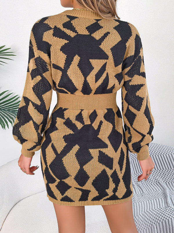 Abstract Knitted Lantern Sleeve Gathered Waist Sweater Dress Sweater Dresses - Chuzko Women Clothing