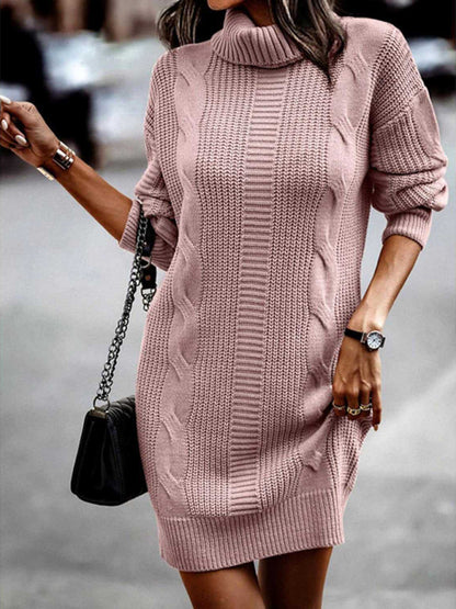 Sweater Dresses- Cozy Cable Knit Sweater Dress | Mid-Length Turtleneck Jumper- Chuzko Women Clothing