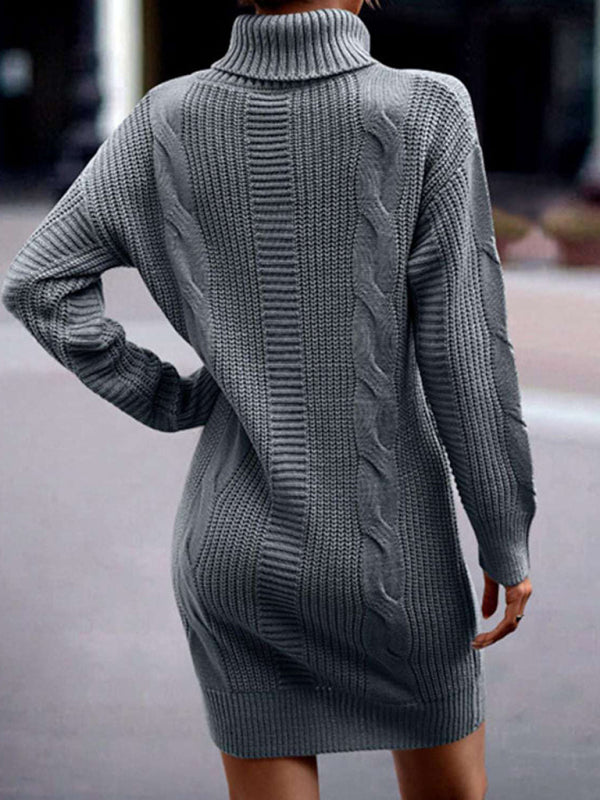 Sweater Dresses- Cozy Cable Knit Sweater Dress | Mid-Length Turtleneck Jumper- Chuzko Women Clothing