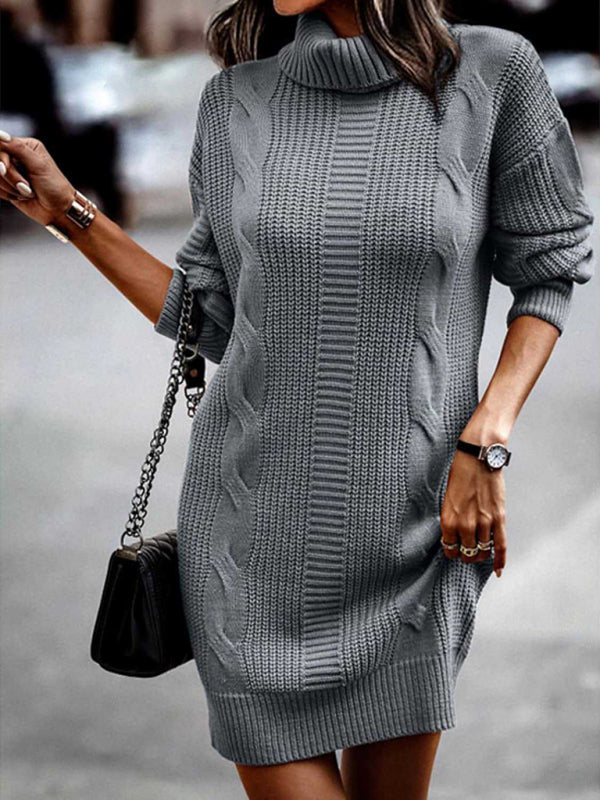 Sweater Dresses- Cozy Cable Knit Sweater Dress | Mid-Length Turtleneck Jumper- Chuzko Women Clothing