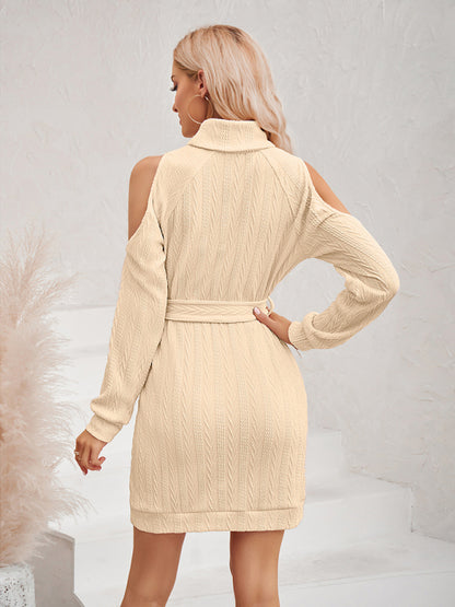 Cozy Knitted Cold Shoulder High Neck Sweater Dress with Belt