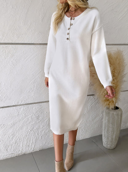 Cozy Winter Knit Exposed Seam Half-Button Sweater Dress Sweater Dresses - Chuzko Women Clothing