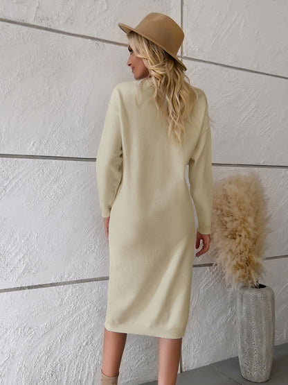 Cozy Winter Knit Exposed Seam Half-Button Sweater Dress Sweater Dresses - Chuzko Women Clothing