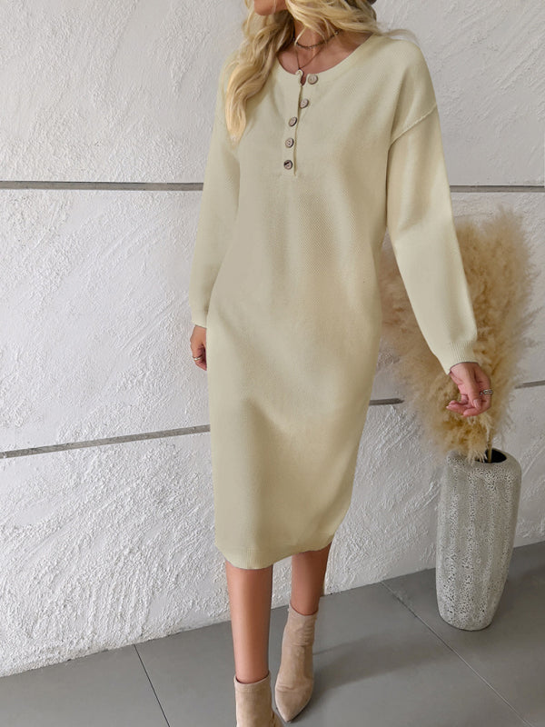 Cozy Winter Knit Exposed Seam Half-Button Sweater Dress Sweater Dresses - Chuzko Women Clothing