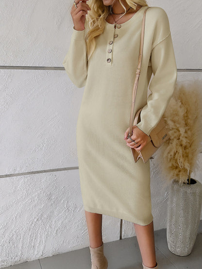 Cozy Winter Knit Exposed Seam Half-Button Sweater Dress Sweater Dresses - Chuzko Women Clothing