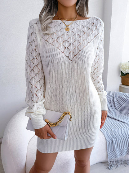 Fall Waffle Knit Boatneck Sweater Dress Sweater Dresses - Chuzko Women Clothing