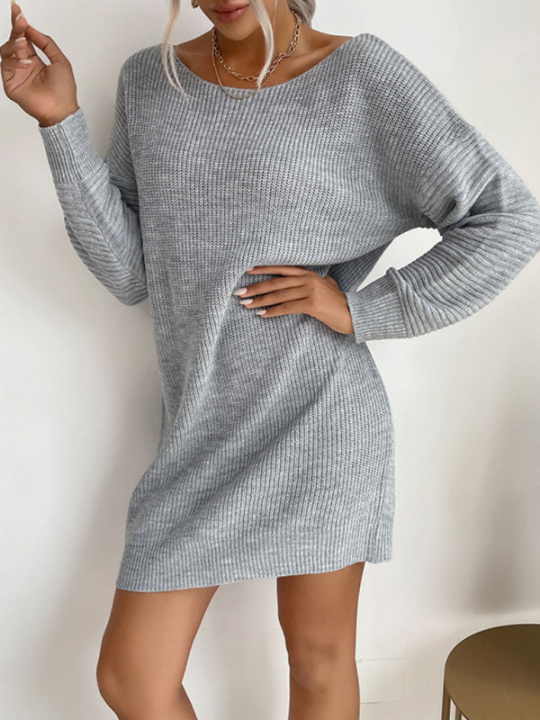 Fall/Winter Women’s Sweater Dress with Long Sleeves & Ribbed Texture Sweater Dresses - Chuzko Women Clothing