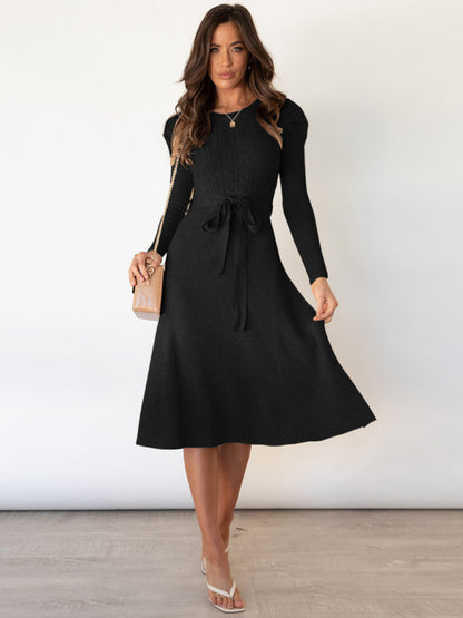 Knit Sweater Belted Dress with Ribbed & Cable Detail, Puff Sleeve Sweater Dresses - Chuzko Women Clothing