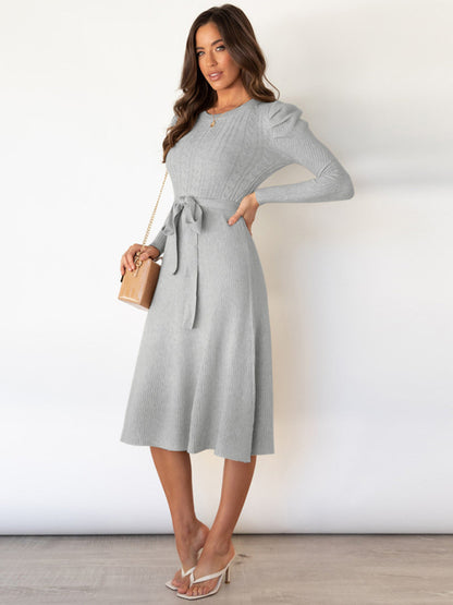 Knit Sweater Belted Dress with Ribbed & Cable Detail, Puff Sleeve Sweater Dresses - Chuzko Women Clothing