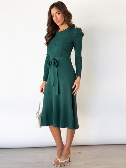 Knit Sweater Belted Dress with Ribbed & Cable Detail, Puff Sleeve Sweater Dresses - Chuzko Women Clothing