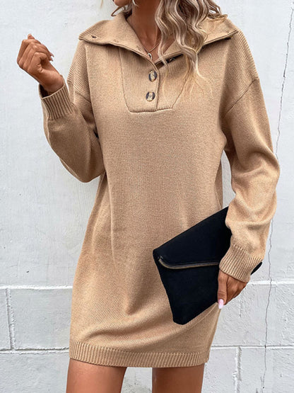 Knit Sweater Dress with Ribbed Accents - Button-Down knitwear Sweater Dresses - Chuzko Women Clothing