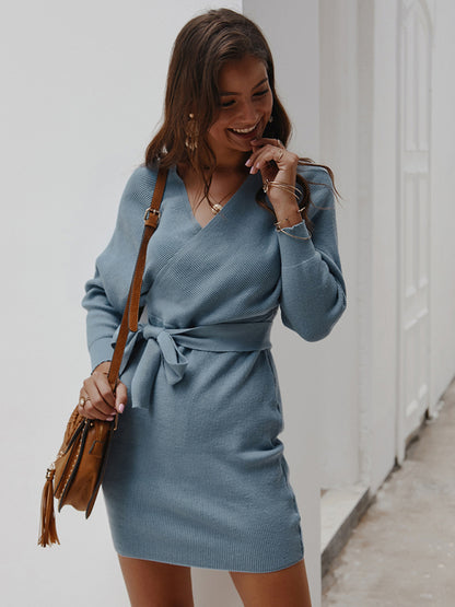 Sweater Dresses- Knitting Cotton Surplice V-Neck Belted Sweater Dress with Bat Sleeves- Chuzko Women Clothing