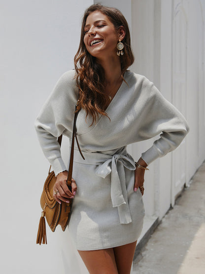 Sweater Dresses- Knitting Cotton Surplice V-Neck Belted Sweater Dress with Bat Sleeves- Chuzko Women Clothing