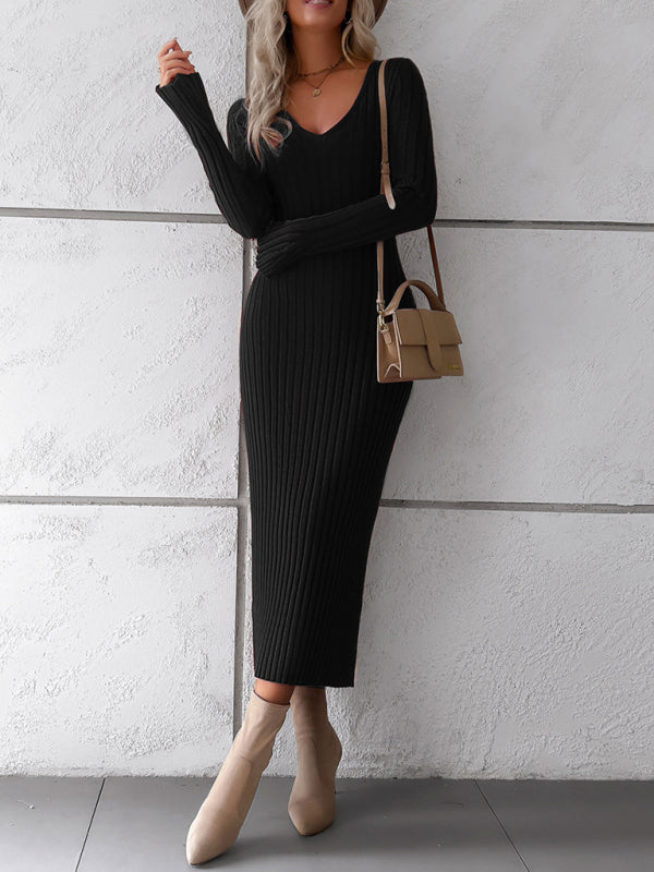 Sweater Dresses- Ribbed V-Neck Maxi Sweater Dress- Chuzko Women Clothing