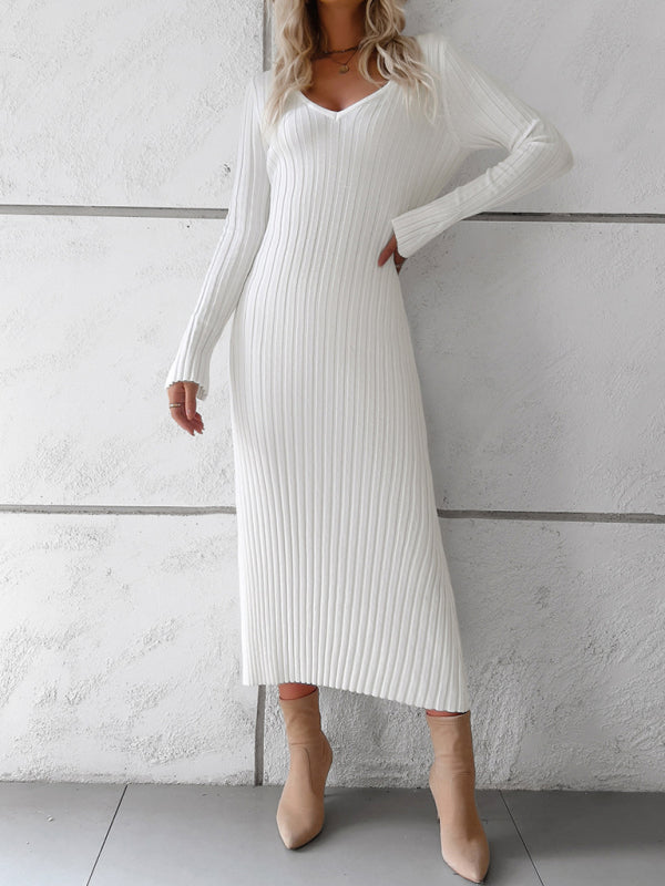 Sweater Dresses- Ribbed V-Neck Maxi Sweater Dress- Chuzko Women Clothing