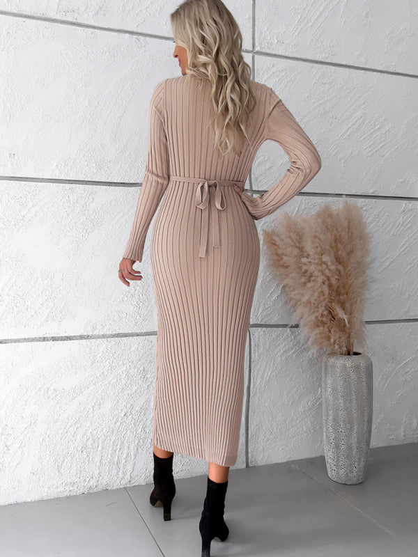 Sweater Dresses- Ribbed V-Neck Maxi Sweater Dress- Chuzko Women Clothing