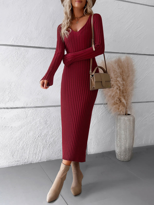 Sweater Dresses- Ribbed V-Neck Maxi Sweater Dress- Chuzko Women Clothing