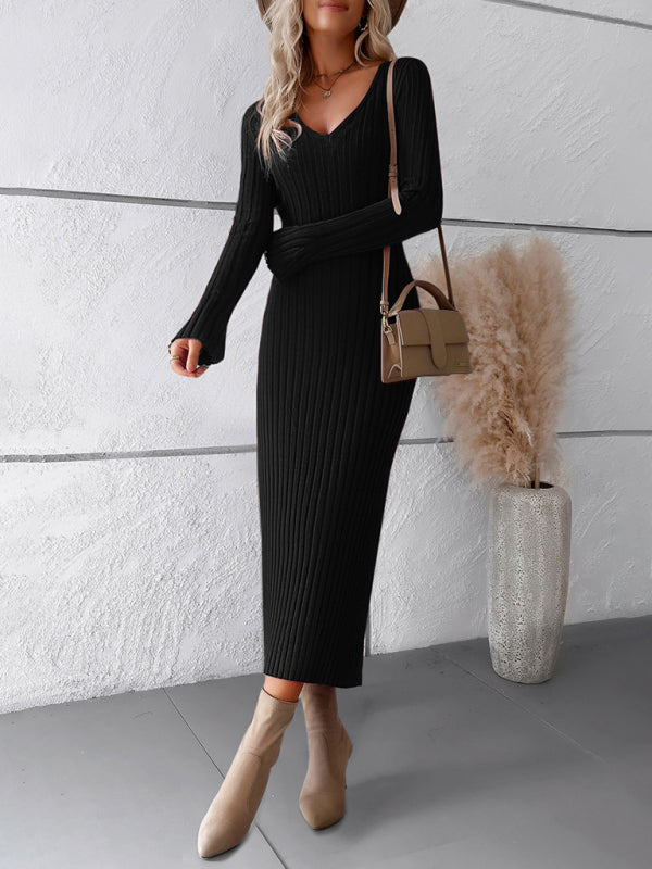 Sweater Dresses- Ribbed V-Neck Maxi Sweater Dress- Chuzko Women Clothing