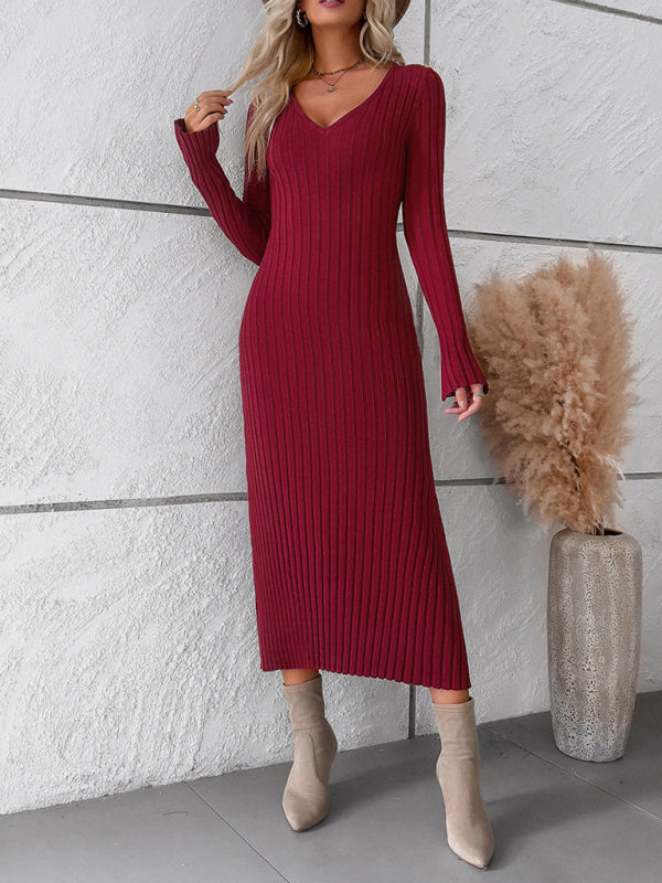 Sweater Dresses- Ribbed V-Neck Maxi Sweater Dress- Chuzko Women Clothing