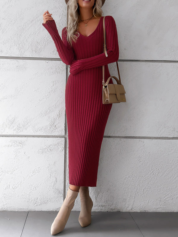 Sweater Dresses- Ribbed V-Neck Maxi Sweater Dress- Chuzko Women Clothing