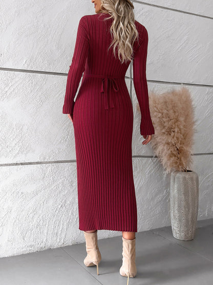 Sweater Dresses- Ribbed V-Neck Maxi Sweater Dress- Chuzko Women Clothing