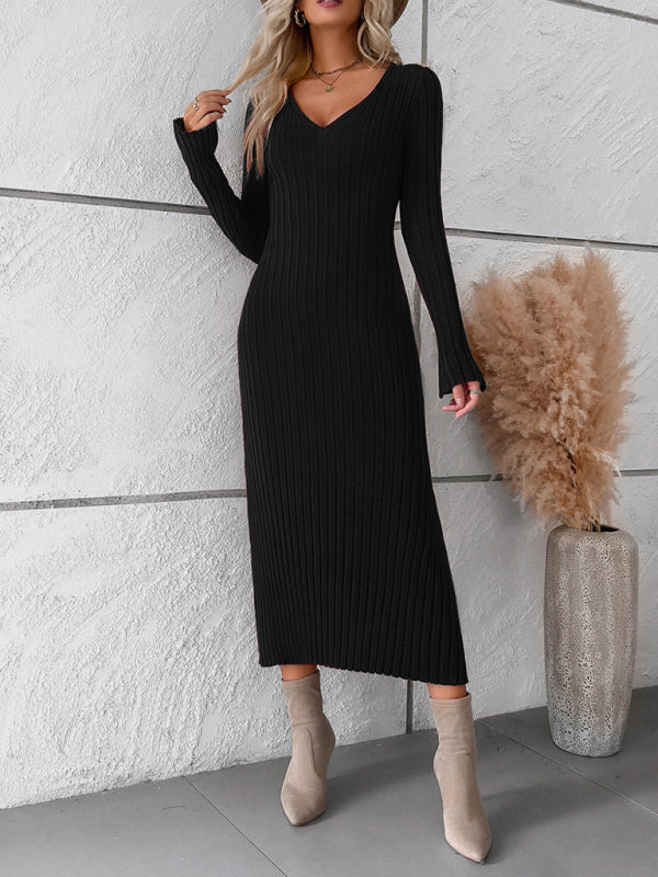 Sweater Dresses- Ribbed V-Neck Maxi Sweater Dress- Chuzko Women Clothing