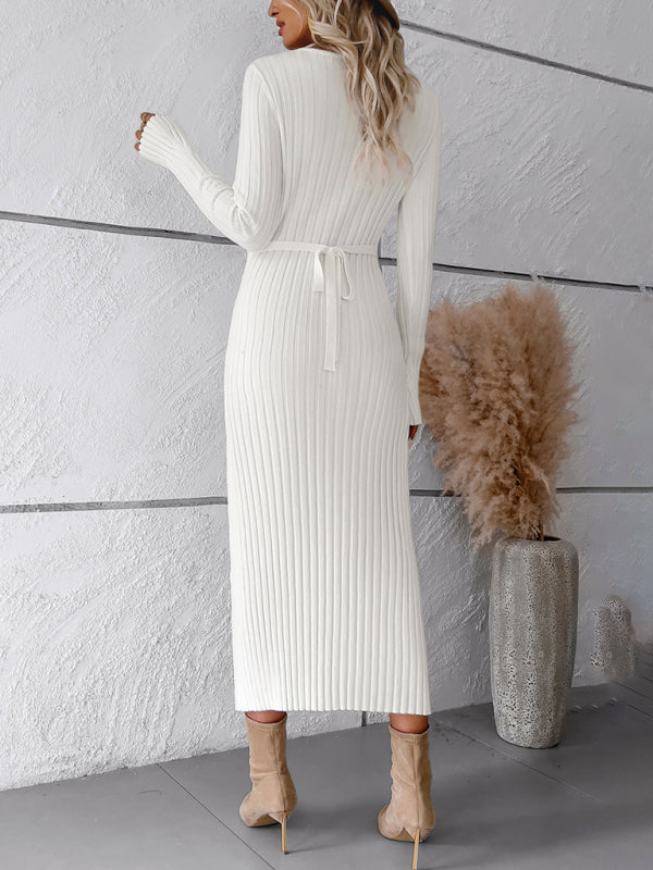 Sweater Dresses- Ribbed V-Neck Maxi Sweater Dress- Chuzko Women Clothing