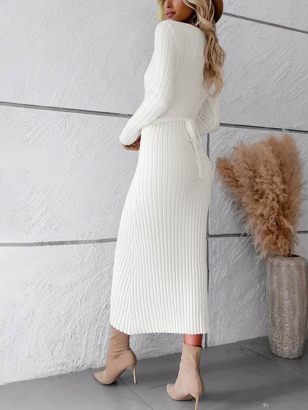 Sweater Dresses- Ribbed V-Neck Maxi Sweater Dress- Chuzko Women Clothing