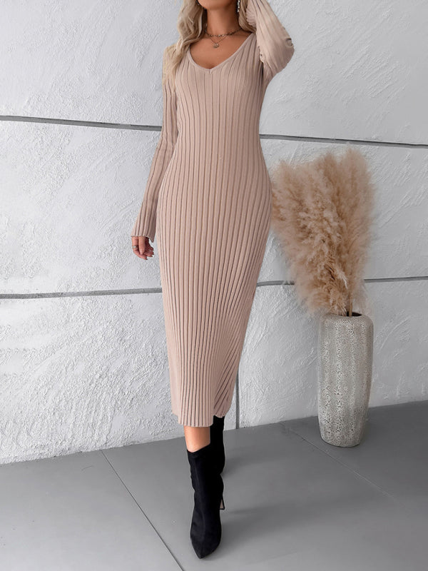 Sweater Dresses- Ribbed V-Neck Maxi Sweater Dress- Chuzko Women Clothing