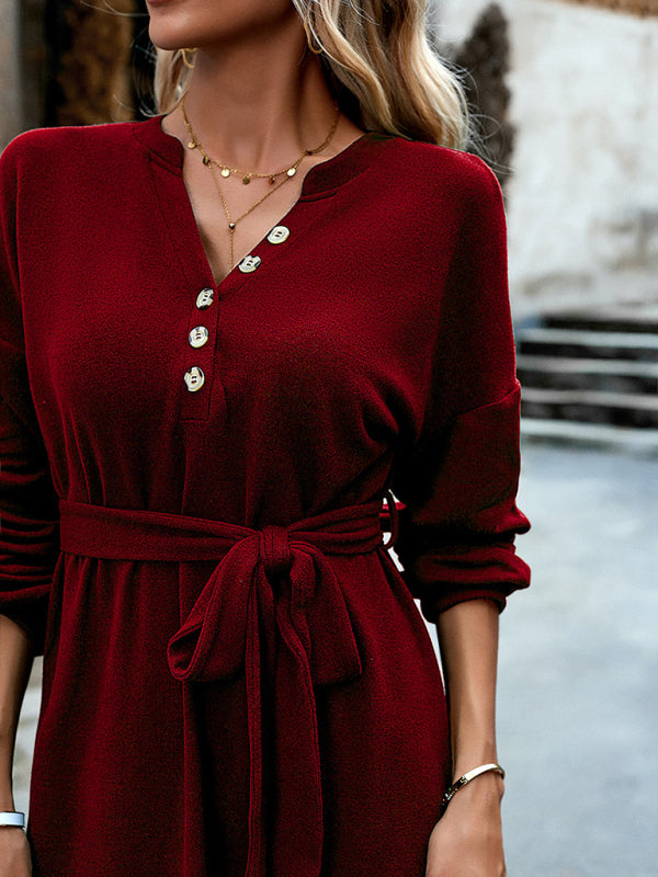 Solid Belt Tie Drop Sleeve Sweater Dress Sweater Dresses - Chuzko Women Clothing