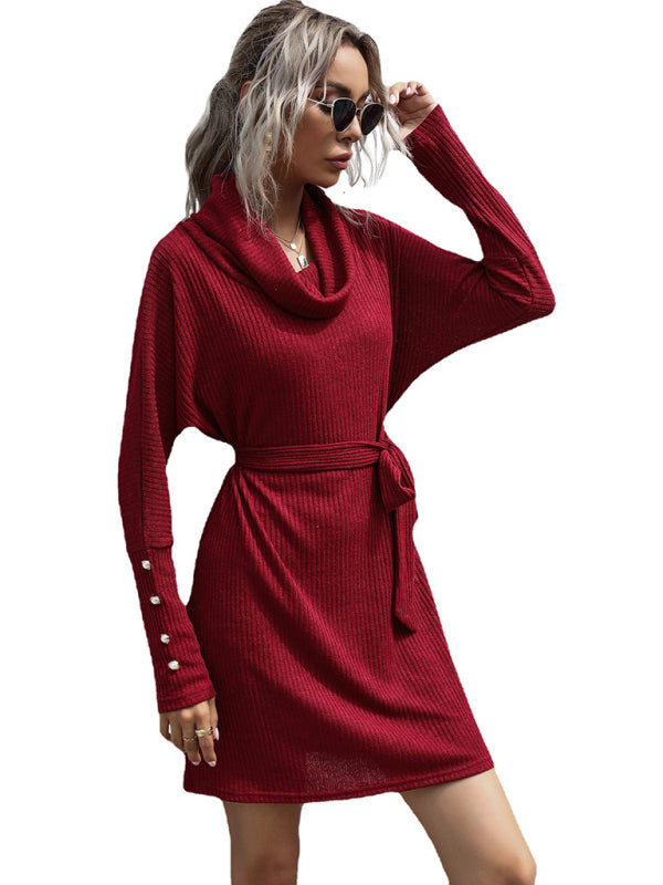 Solid Knit Cowl Neck Tie-Waist Sweater Dress Sweater Dresses - Chuzko Women Clothing