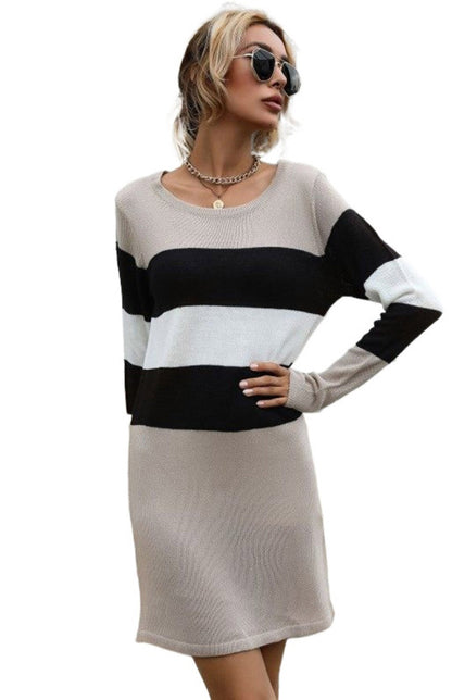 Striped Knitwear Dress - Straight Long Sweater Sweater Dresses - Chuzko Women Clothing