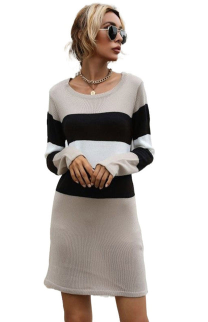 Striped Knitwear Dress - Straight Long Sweater Sweater Dresses - Chuzko Women Clothing