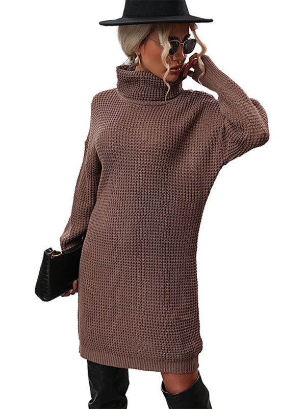 Waffle Knitted Turtleneck Lantern Sleeve Sweater Dress Sweater Dresses - Chuzko Women Clothing