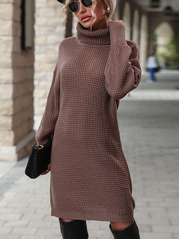 Waffle Knitted Turtleneck Lantern Sleeve Sweater Dress Sweater Dresses - Chuzko Women Clothing