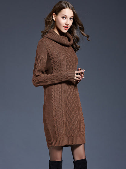 Winter Cable Knit Cowl Sweater Dress Sweater Dresses - Chuzko Women Clothing