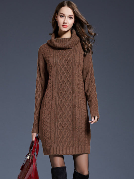 Winter Cable Knit Cowl Sweater Dress Sweater Dresses - Chuzko Women Clothing